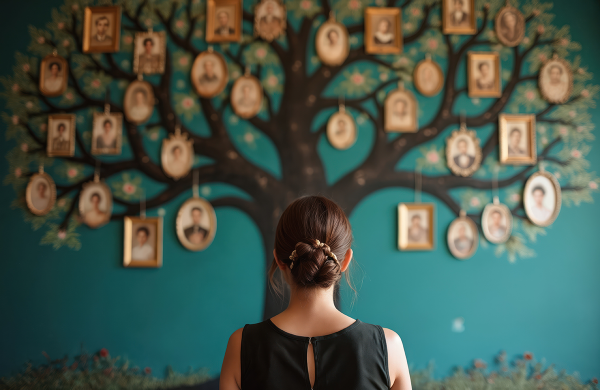 A woman viewing a wall-mounted family tree of framed ancestral portraits — heritage carried across generations